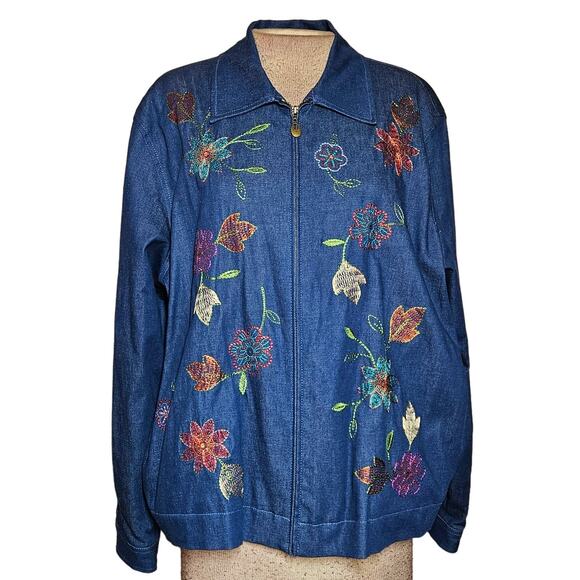 Denim Embroidered Full Zip Jacket Size 14/ Large - Picture 1 of 3